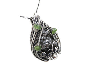 Campo del Cielo Meteorite Pendant, Wire-Wrapped in Sterling Silver with Peridot