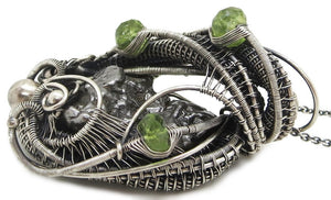 Campo del Cielo Meteorite Pendant, Wire-Wrapped in Sterling Silver with Peridot