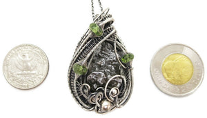 Campo del Cielo Meteorite Pendant, Wire-Wrapped in Sterling Silver with Peridot