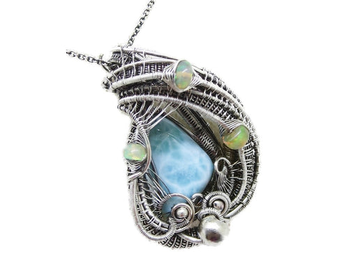 Larimar Pendant with Ethiopian Welo Opal, Wire Wrapped in Sterling Silver