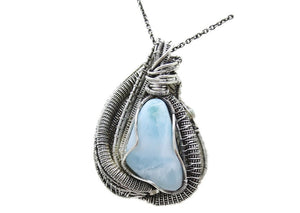 Larimar Pendant with Ethiopian Welo Opal, Wire Wrapped in Sterling Silver