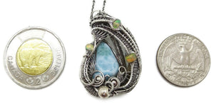 Larimar Pendant with Ethiopian Welo Opal, Wire Wrapped in Sterling Silver