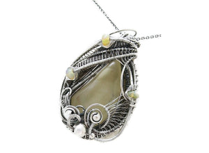 Libyan Desert Glass with Ethiopian Welo, in Sterling Silver, Wire-Wrapped Pendant