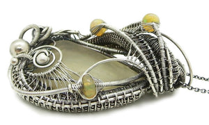 Libyan Desert Glass with Ethiopian Welo, in Sterling Silver, Wire-Wrapped Pendant