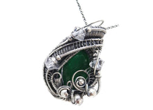 Load image into Gallery viewer, Lab-Grown Emerald Pendant Necklace, Wire-Wrapped in Sterling Silver with Herkimer Diamonds