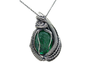 Lab-Grown Emerald Pendant Necklace, Wire-Wrapped in Sterling Silver with Herkimer Diamonds