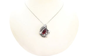 Lab-Grown Ruby Pendant Necklace, Wire-Wrapped in Sterling Silver with Herkimer Diamonds