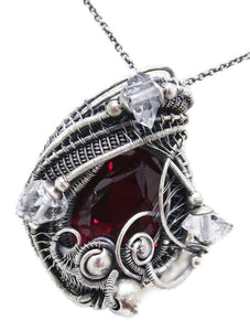 Lab-Grown Ruby Pendant Necklace, Wire-Wrapped in Sterling Silver with Herkimer Diamonds