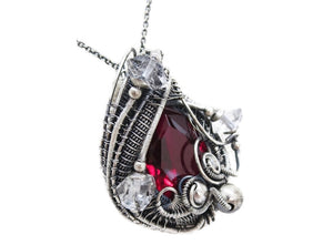 Lab-Grown Ruby Pendant Necklace, Wire-Wrapped in Sterling Silver with Herkimer Diamonds