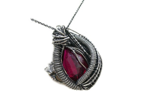 Lab-Grown Ruby Pendant Necklace, Wire-Wrapped in Sterling Silver with Herkimer Diamonds