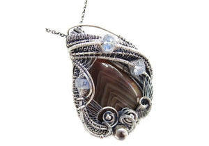 Lake Superior Agate Pendant with Rainbow Moonstone in Sterling Silver