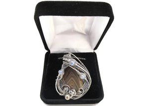 Lake Superior Agate Pendant with Rainbow Moonstone in Sterling Silver