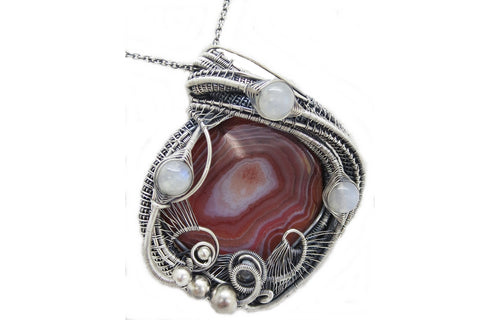 Lake Superior Agate Pendant with Rainbow Moonstone, Wire-Wrap in Sterling Silver