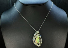 Load image into Gallery viewer, Raw Ethiopian Opal Pendant with Rainbow Moonstone, Gemstone Jewelry, Sterling Silver Wire Wrap