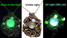 Load image into Gallery viewer, Liquid Steampunk Glow-In-The-Dark Pendant: Bronze Wire-Wrapped Necklace with UV-Fluorescent Glass