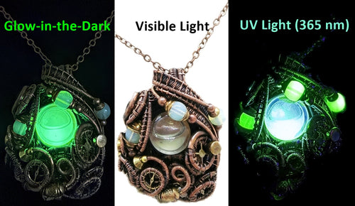 Liquid Steampunk Glow-In-The-Dark Pendant: Bronze Wire-Wrapped Necklace with UV-Fluorescent Glass