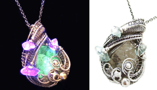 UV-Fluorescent, Mexican Hyalite Opal Wire-Wrapped Pendant in Sterling Silver with Fluorite