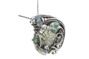 UV-Fluorescent, Mexican Hyalite Opal Wire-Wrapped Pendant in Sterling Silver with Fluorite