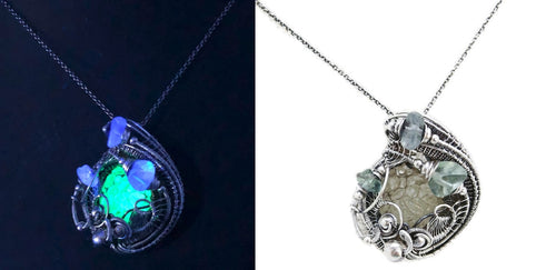 UV-Fluorescent, Mexican Hyalite Opal Wire-Wrapped Pendant in Sterling Silver with Fluorite