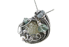 Load image into Gallery viewer, UV-Fluorescent, Mexican Hyalite Opal Wire-Wrapped Pendant in Sterling Silver with Fluorite