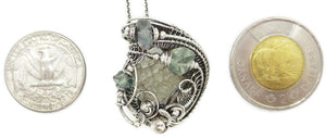 UV-Fluorescent, Mexican Hyalite Opal Wire-Wrapped Pendant in Sterling Silver with Fluorite