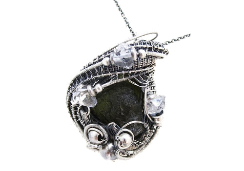 Moldavite Pendant in Sterling Silver with Herkimer Diamonds, Wire Wrap