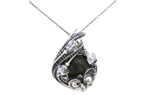 Moldavite Pendant in Sterling Silver with Herkimer Diamonds, Wire Wrap