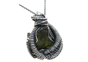 Moldavite Pendant in Sterling Silver with Herkimer Diamonds, Wire Wrap