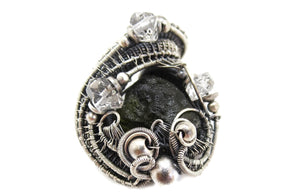 Moldavite Pendant in Sterling Silver with Herkimer Diamonds, Wire Wrap