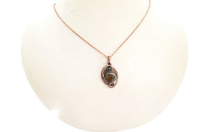 African Green Opal Wire-Wrapped Pendant in Bronze with Swarovski Crystal, "Mini-Woven Circle" Model