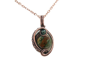 African Green Opal Wire-Wrapped Pendant in Bronze with Swarovski Crystal, "Mini-Woven Circle" Model