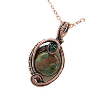 Load image into Gallery viewer, African Green Opal Wire-Wrapped Pendant in Bronze with Swarovski Crystal, &quot;Mini-Woven Circle&quot; Model