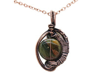 Load image into Gallery viewer, African Green Opal Wire-Wrapped Pendant in Bronze with Swarovski Crystal, &quot;Mini-Woven Circle&quot; Model