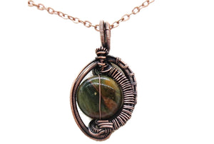African Green Opal Wire-Wrapped Pendant in Bronze with Swarovski Crystal, "Mini-Woven Circle" Model
