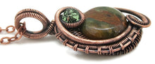 Load image into Gallery viewer, African Green Opal Wire-Wrapped Pendant in Bronze with Swarovski Crystal, &quot;Mini-Woven Circle&quot; Model