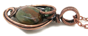 African Green Opal Wire-Wrapped Pendant in Bronze with Swarovski Crystal, "Mini-Woven Circle" Model