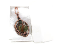 Load image into Gallery viewer, African Green Opal Wire-Wrapped Pendant in Bronze with Swarovski Crystal, &quot;Mini-Woven Circle&quot; Model