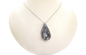 Orthoceras Fossil Pendant with Tanzanite in Sterling Silver, Wire Wrap