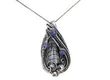 Load image into Gallery viewer, Orthoceras Fossil Pendant with Tanzanite in Sterling Silver, Wire Wrap