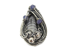 Load image into Gallery viewer, Orthoceras Fossil Pendant with Tanzanite in Sterling Silver, Wire Wrap