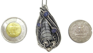 Orthoceras Fossil Pendant with Tanzanite in Sterling Silver, Wire Wrap