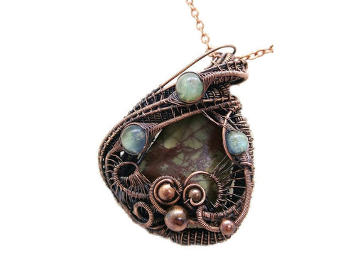 Picasso Jasper Pendant Necklace with Labradorite, Wire-Wrapped in Bronze