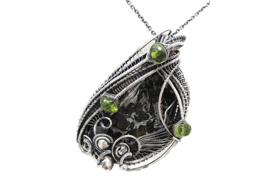 Admire Stony Iron Pallasite Meteorite Pendant, Wire-Wrapped in Sterling Silver with Peridot