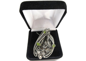 Admire Stony Iron Pallasite Meteorite Pendant, Wire-Wrapped in Sterling Silver with Peridot