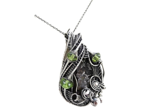 Seymchan Pallasite Meteorite Pendant, Wire-Wrapped in Sterling Silver with Peridot