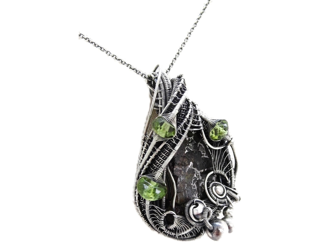Seymchan Pallasite Meteorite Pendant, Wire-Wrapped in Sterling Silver with Peridot