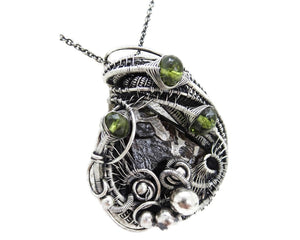 Seymchan Pallasite Meteorite Pendant, Wire-Wrapped in Sterling Silver with Peridot