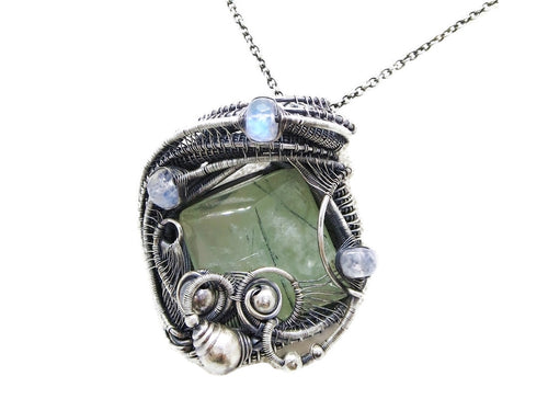 Prehnite & Rainbow Moonstone Pendant Necklace, Wire-Wrapped in Sterling Silver