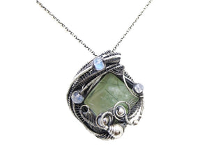 Prehnite & Rainbow Moonstone Pendant Necklace, Wire-Wrapped in Sterling Silver