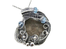 Load image into Gallery viewer, Petoskey Stone Pendant Necklace in Sterling Silver, Wire Wrapped with Blue Topaz